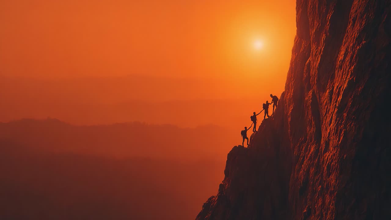 A breathtaking silhouette of climbers skillfully navigating a steep rock face against the vibrant backdrop of a stunning sunset, embodying adventure and perseverance in nature