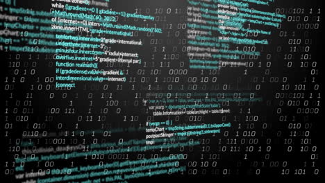 Animation of binary coding and data processing on black background