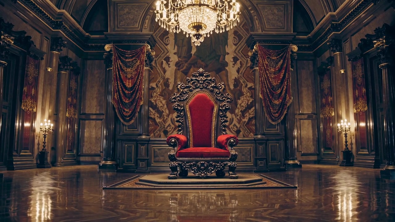 Leerer rot-goldener Thron in einem opulenten Palast-Thronsaal