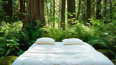 a bed in the middle of a lush green forest