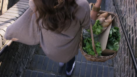 beautiful woman shopping basket healthy fresh vegetables walking in city