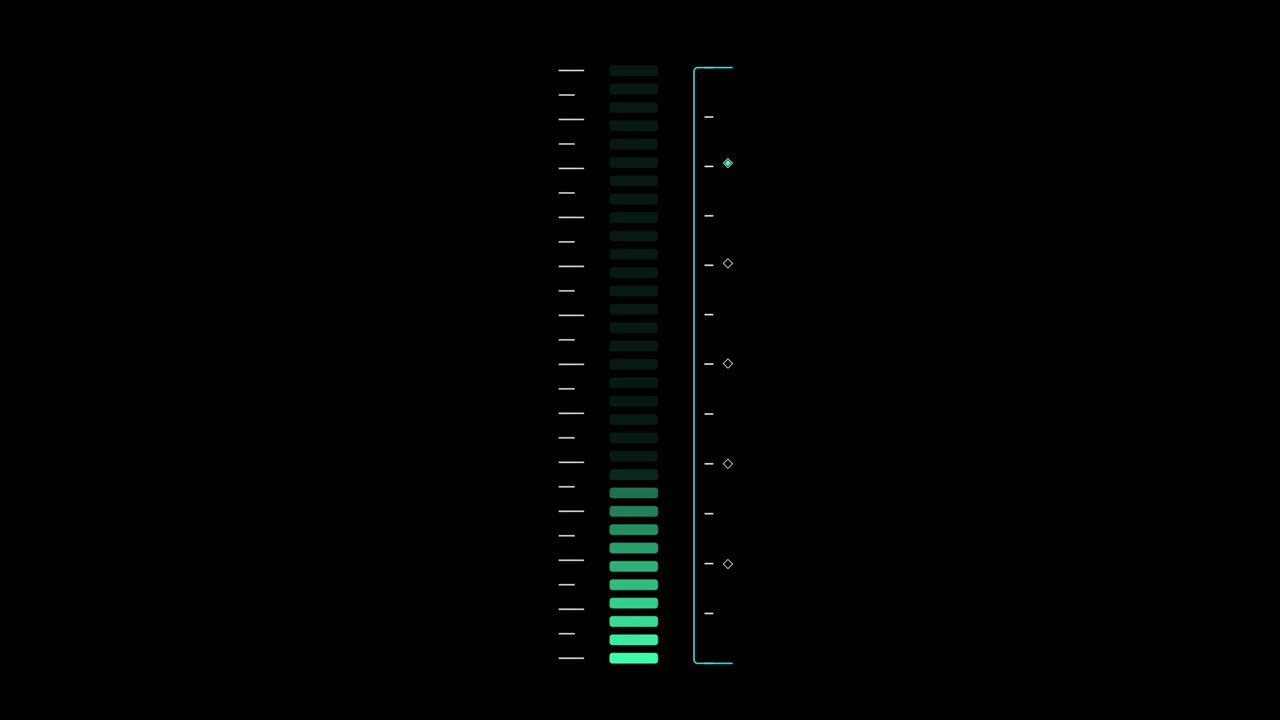 Animated sci-fi user interface element of a vertical equalizer or data level meter with a green gradient on a black background. For tech or music visuals
