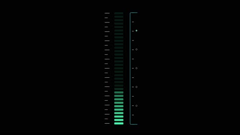 animated sci-fi user interface element of a vertical equalizer or data level meter with a green gradient on a black background. for tech or music visuals