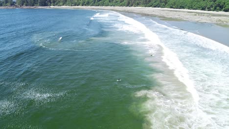 Luftaufnahme-Von-Surfern-Und-Wellen-Am-Florencia-Bay-Beach-Vancouver-Island-Canada