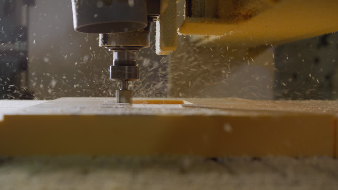 corte de precisión del router por cnc en espuma amarilla, detallado con partículas de espuma voladoras