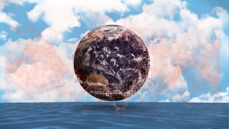 animation of digital brain and globe over sky with clouds and sea