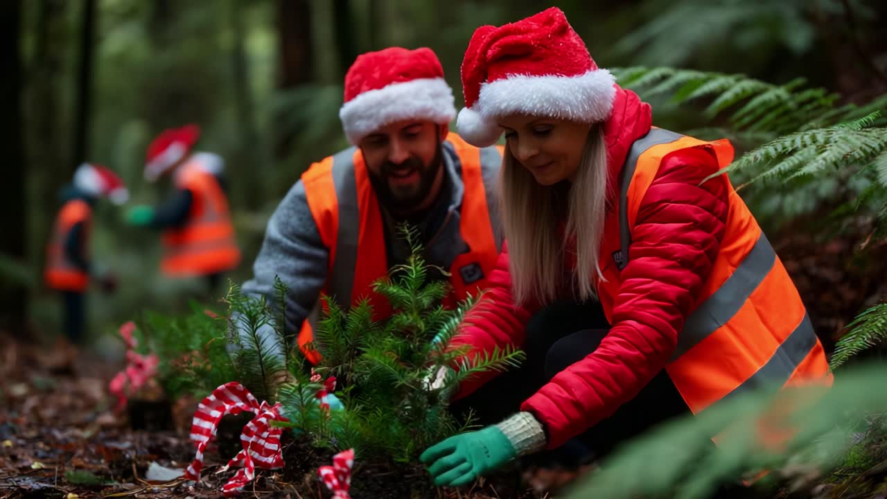 Community Volunteers Dressed in Santa Hats Planting Trees in a Lush Green Forest, Promoting Environmental Awareness During the Holiday Season and Building Connection with Nature and Each Other
