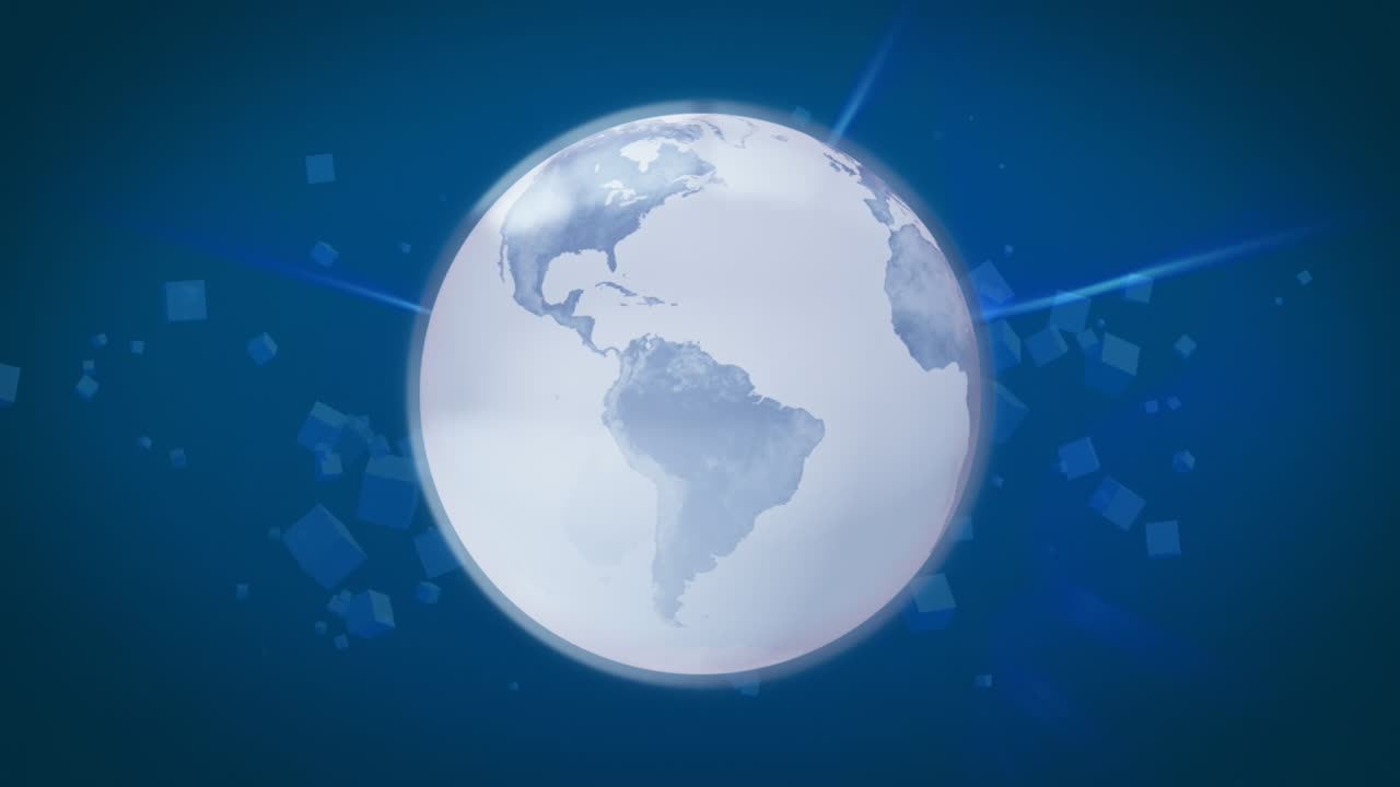 파란색 배경에 움직이는 모양 위에 회전하는 지구의 애니메이션