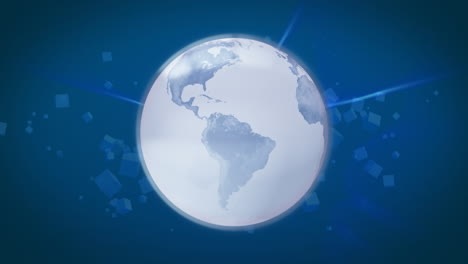 animación de un globo giratorio sobre formas en movimiento sobre un fondo azul