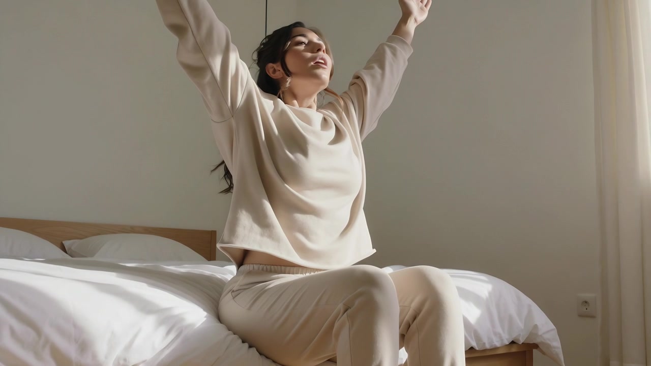 Donna adulta che si stira alzando le braccia sul letto mentre la luce del sole si riversa dalla finestra, indossando un completo beige.
