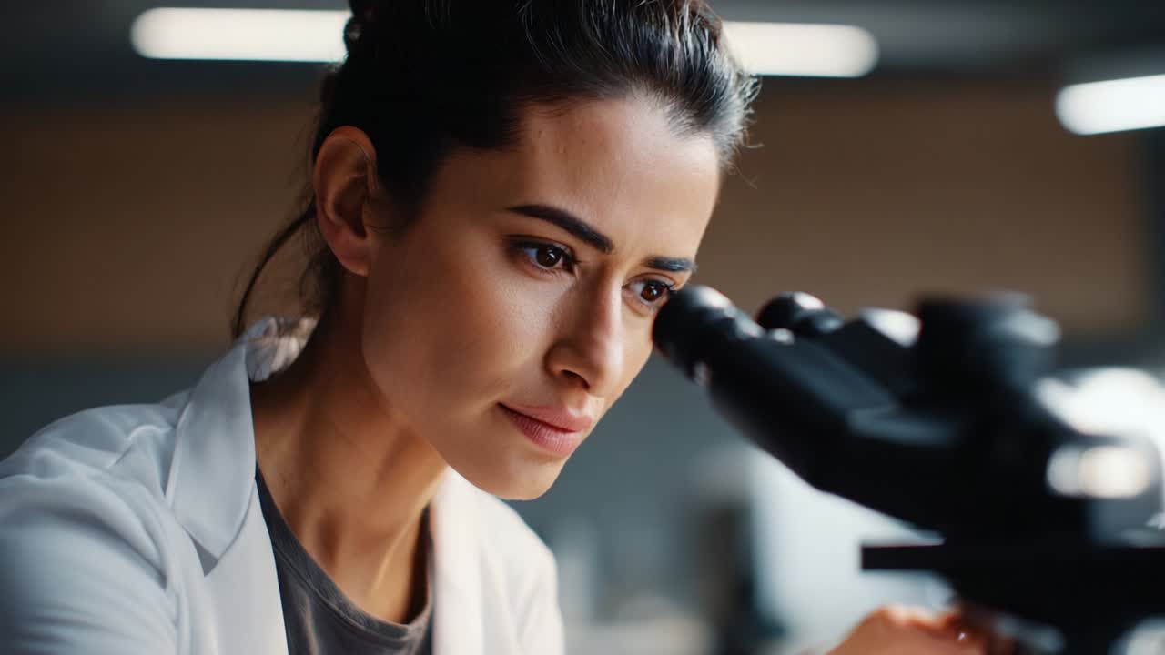 A dedicated scientist intensely focused on her research, examining samples through a microscope, showcasing curiosity and passion for discovery in a modern laboratory environment