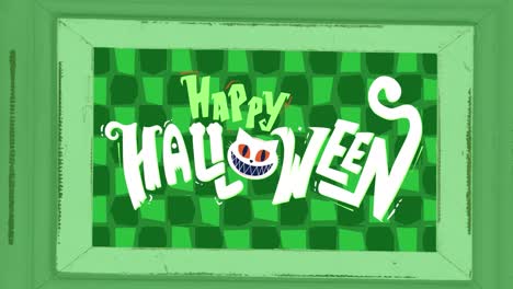 animation of happy halloween and cat over green checked background