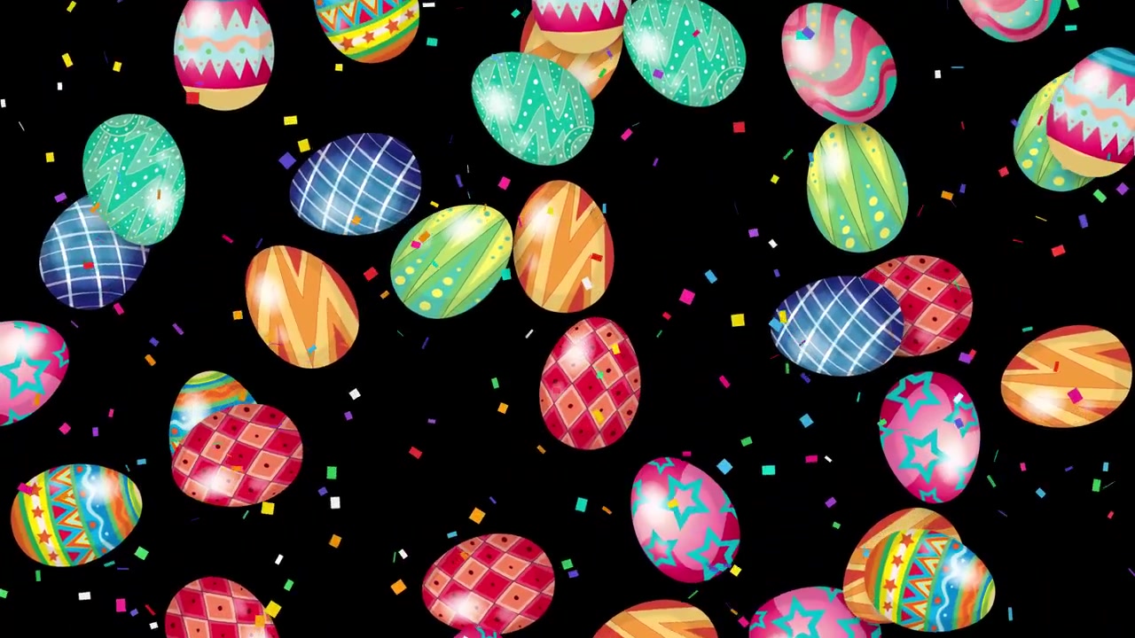 Vibrant decorated Easter eggs and confetti fall continuously against a solid black background.