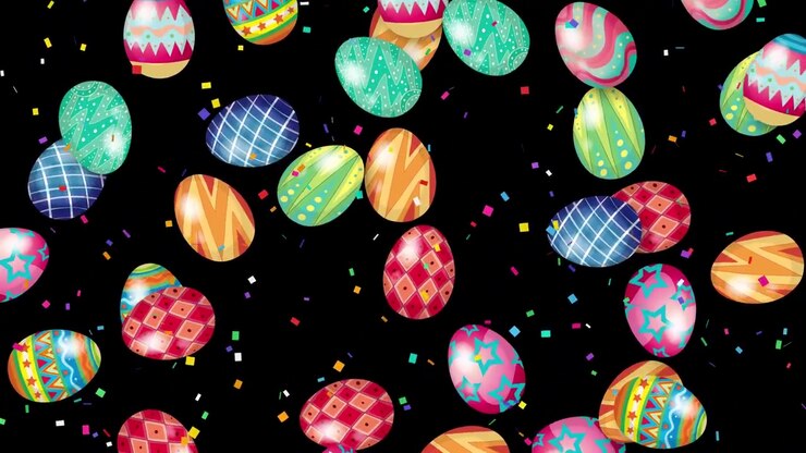 Vibrant decorated Easter eggs and confetti fall continuously against a solid black background.