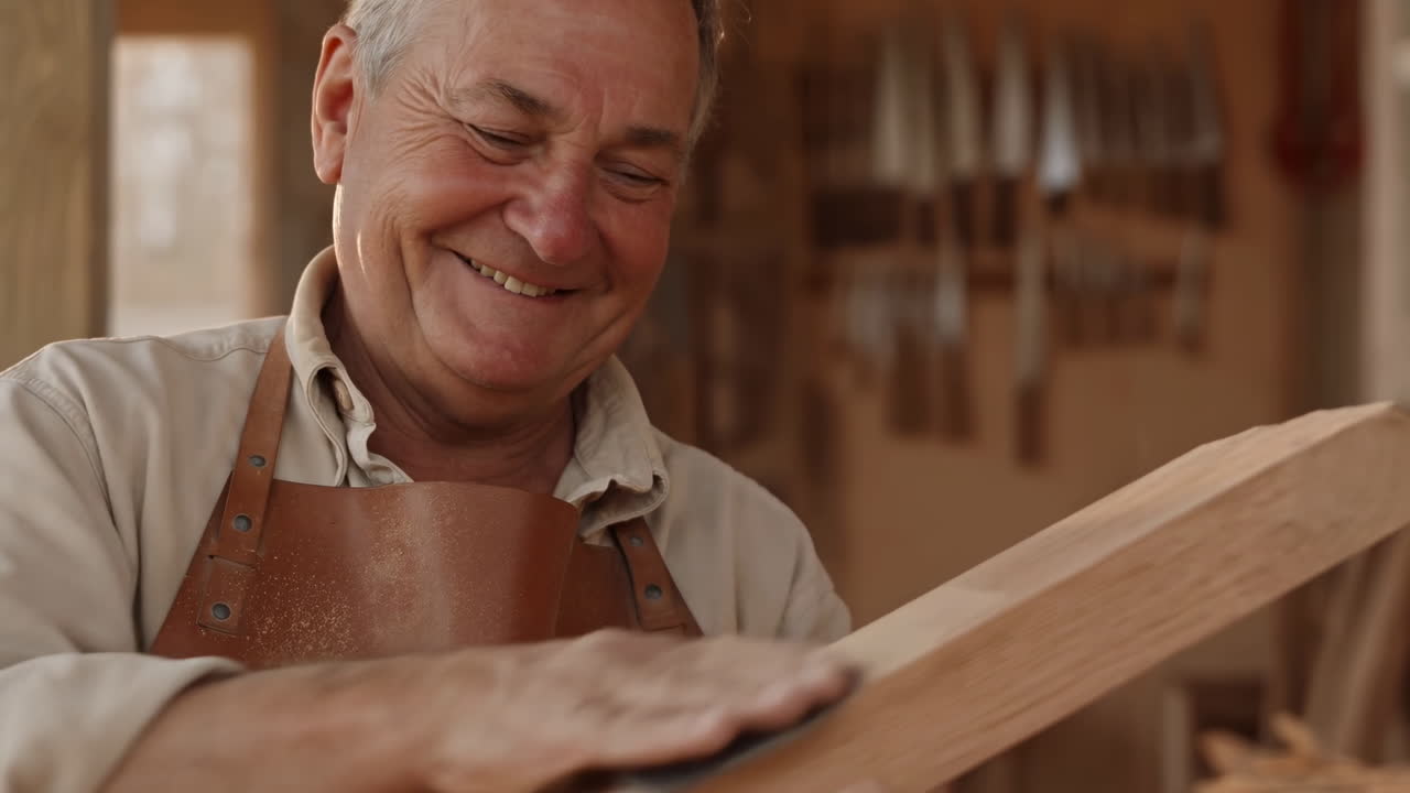 Felice falegname anziano che leviga il legno nel suo laboratorio