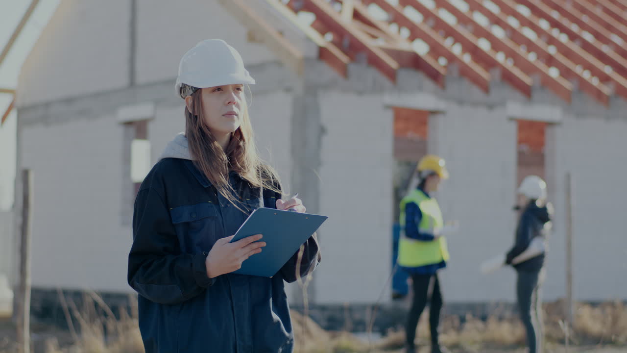 Confident young female contractor wearing hardhat writing on clipboard while coworkers standing in background against incomplete building at construction site