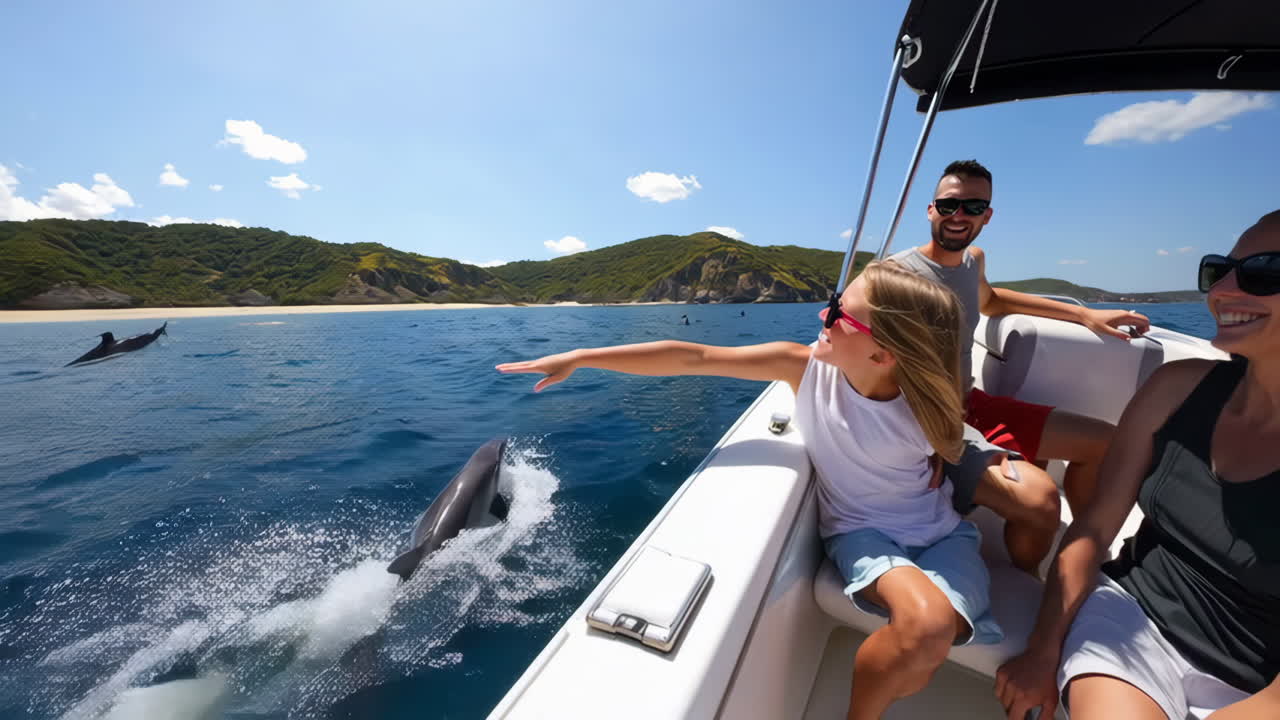 Family enjoying a boat trip and spotting dolphins