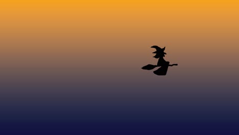 Animación-De-Halloween-Bruja-Negra-Volando-En-Escoba-Sobre-Fondo-Degradado-Naranja-Azul