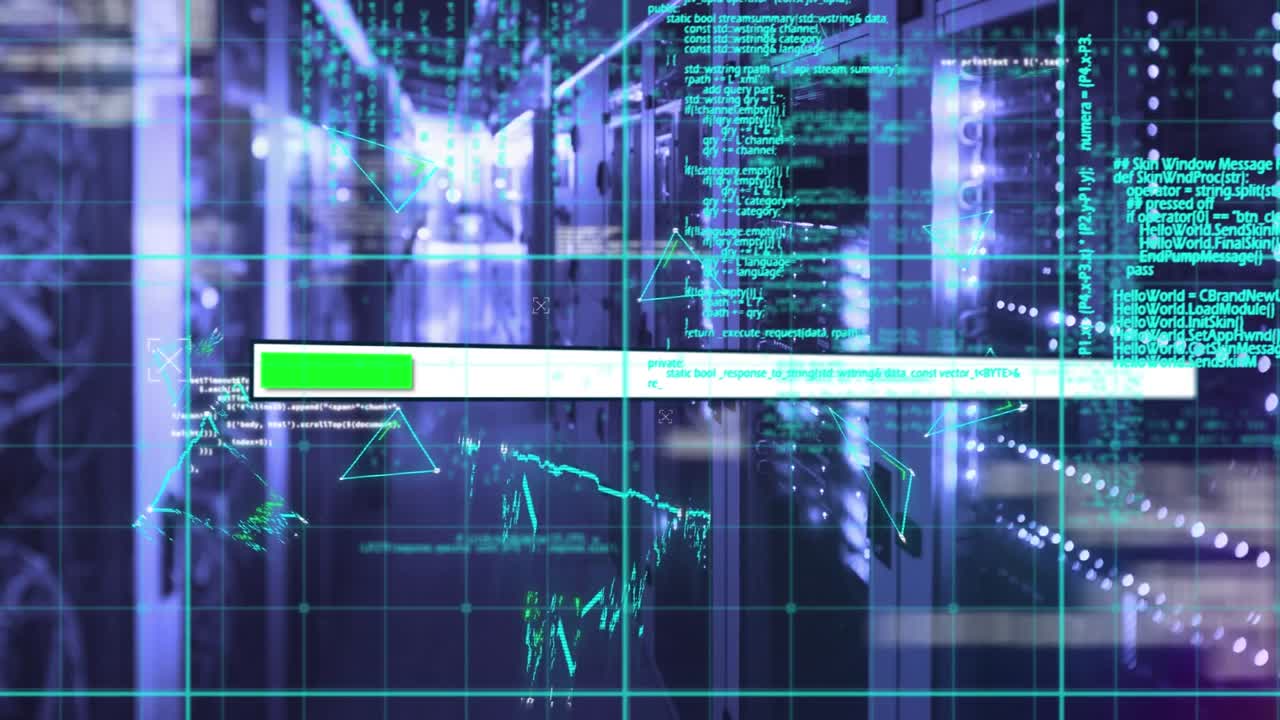 Animation of loading bar icon and triangle shapes over data processing against computer server room