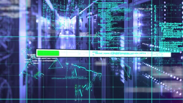 Animation of loading bar icon and triangle shapes over data processing against computer server room