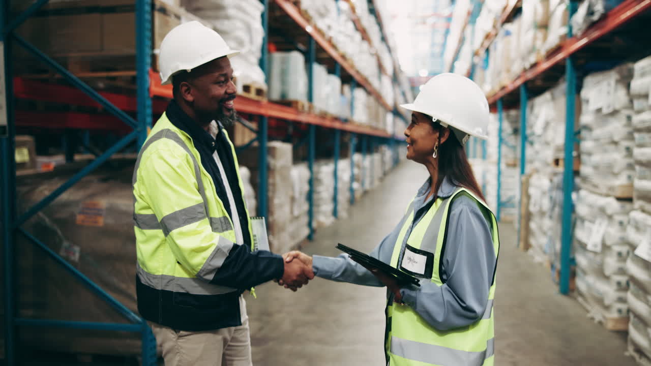 Warehouse workers shaking hands