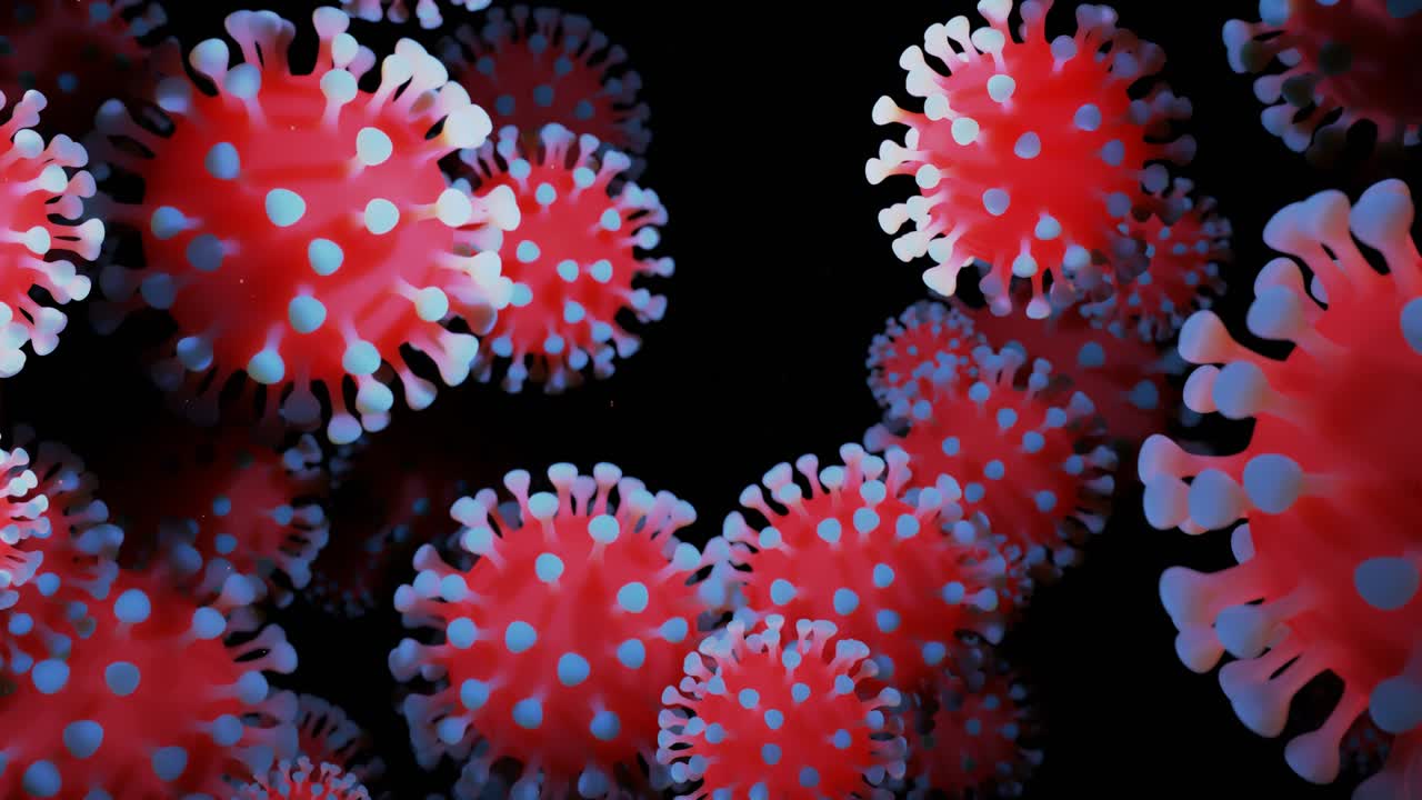 close-up coronavirus tipo covid-19, h1n1, gripe aviar o gripe porcina se mueven suavemente en fluido representación 3d del virus como fondo de bucle microscópico microbiológico. gradiente azul rojo