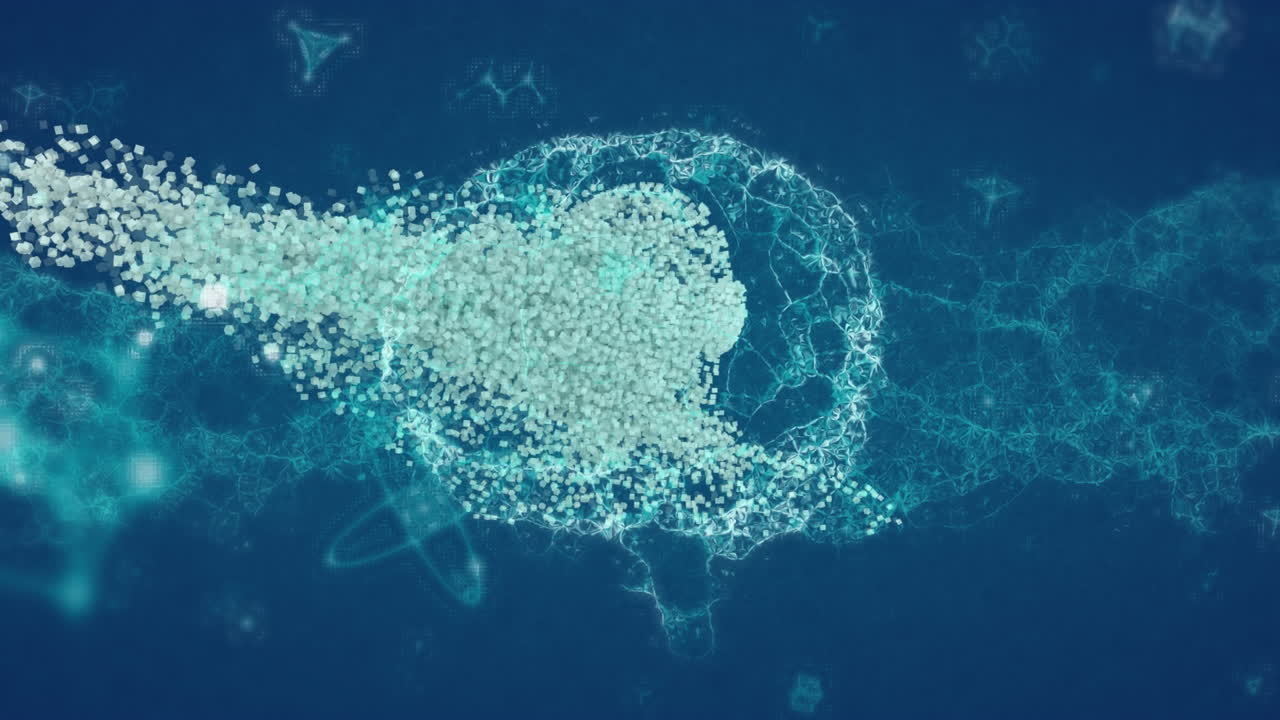 뇌, dna, 분자 및 입자가 컴퓨터 그래픽 배경에서 인간의 머리를 형성하는 애니메이션