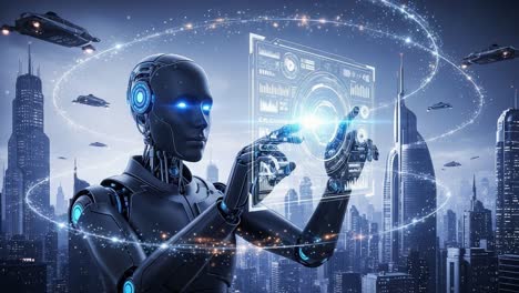 futuristic robot analyzes data in a high-tech urban setting with floating graphics and advanced technology, illustrating the integration of ai into city life