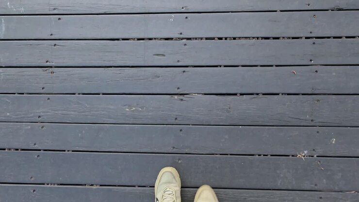 Person walking on wooden deck in gardens