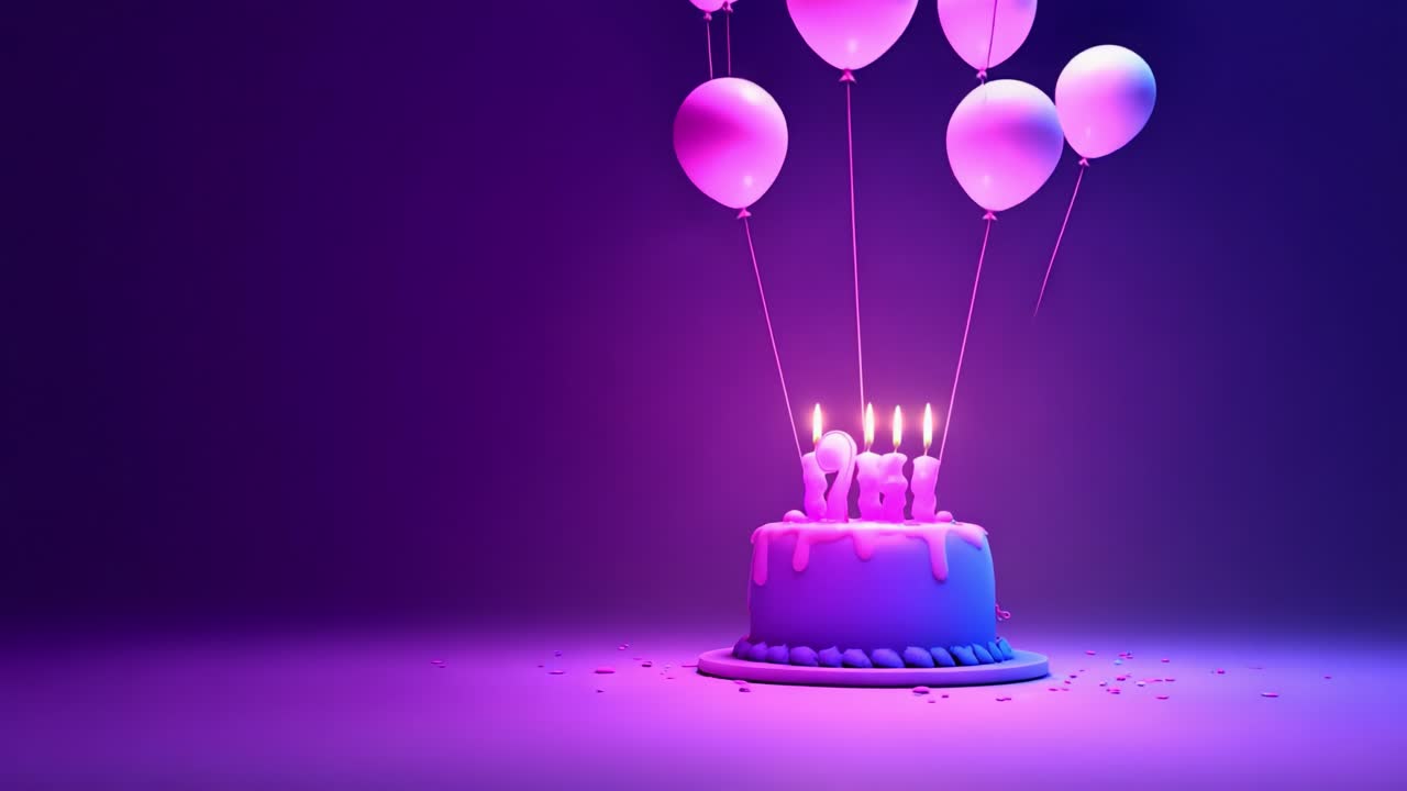 A Vibrant Birthday Celebration Scene Featuring a Beautifully Decorated Cake with Colorful Candles, Surrounded by Balloons and Glittering Confetti in a Dreamy Purple Background