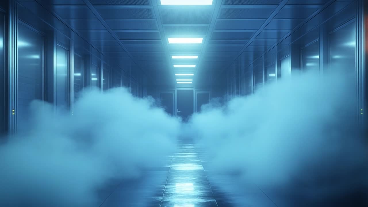 Foggy corridor in a high-tech facility. A dimly lit corridor in a modern facility filled with mist, creating a mysterious and eerie atmosphere.