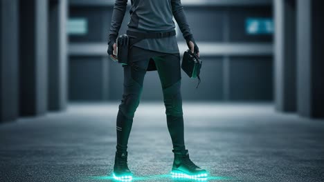 futuristic urban style: a stylish individual posing with light-up sneakers in a modern indoor setting, projecting a dynamic and trendy vibe
