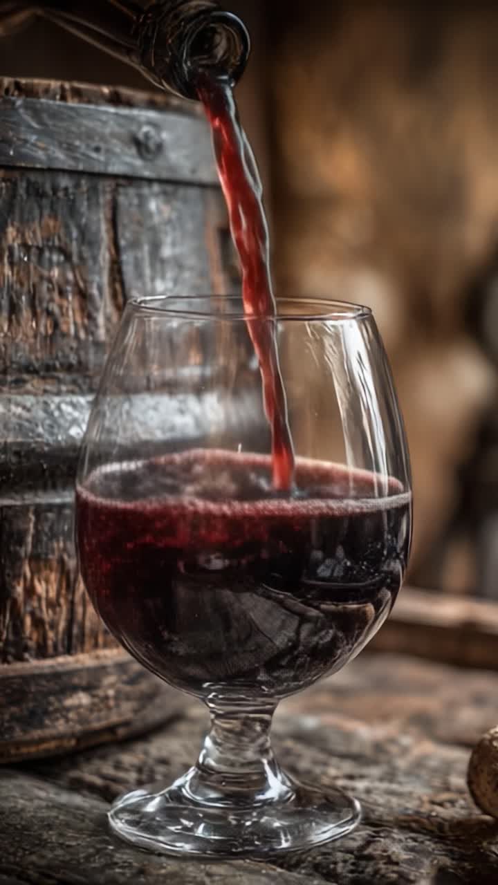 Un viaggio affascinante nel mondo del vino: versare vino rosso in un bicchiere con una botte rustica sullo sfondo, per mostrare il colore intenso e le bollicine della bevanda