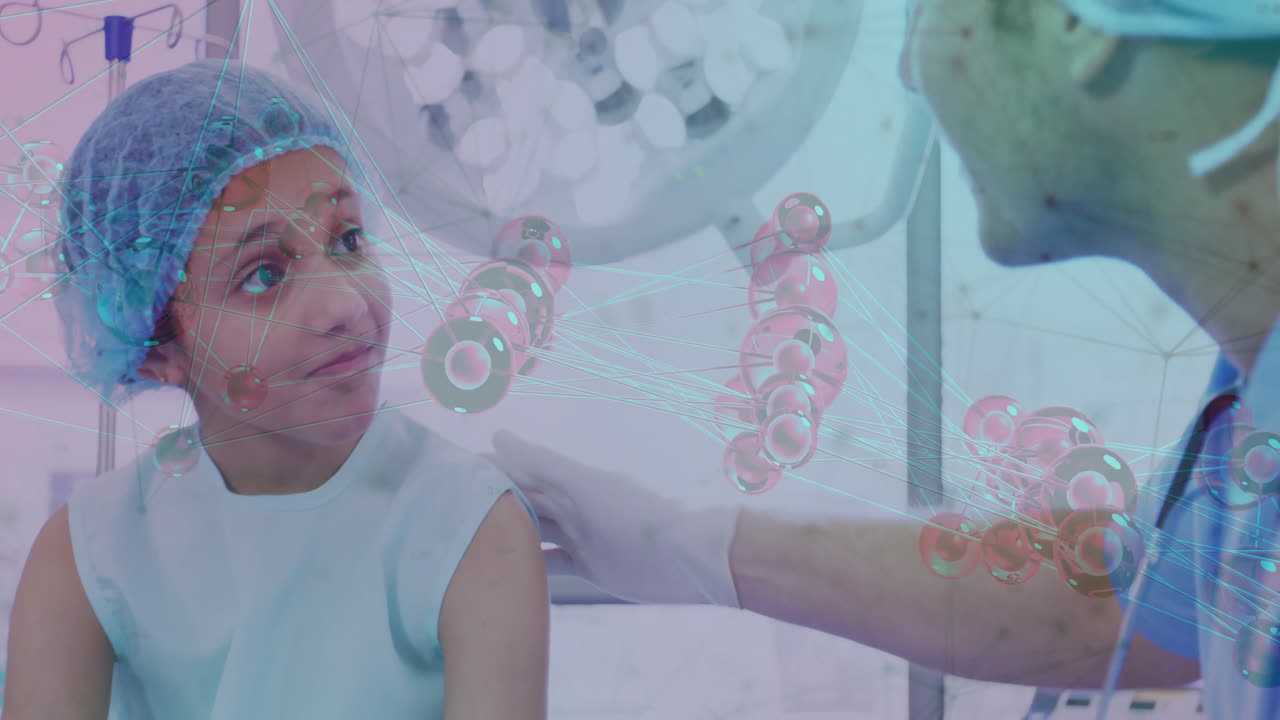 Doctor examining child patient in health clinic, displaying stethoscope and molecular graphics