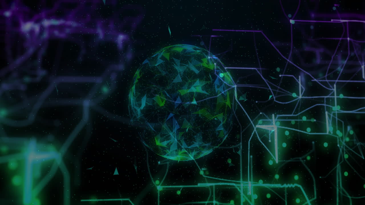 Animation of geometric globe with neon lines and digital network background