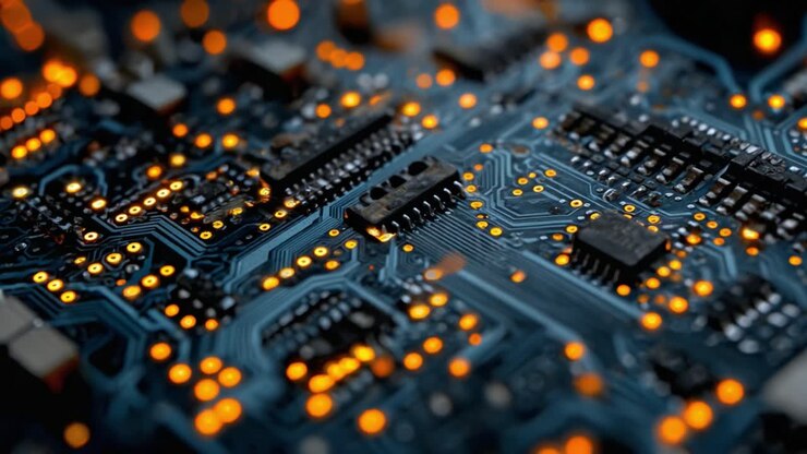 Et fantastisk nærbillede af et printkort med glødende LED-lys, der illustrerer kompleksiteten og præcisionen i moderne elektronik teknologi