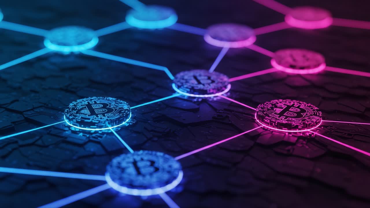 A Captivating Visualization of Cryptocurrency Networks Highlighting Bitcoin Connections with Vibrant Lighting and Intricate Data Patterns in a Digital Landscape