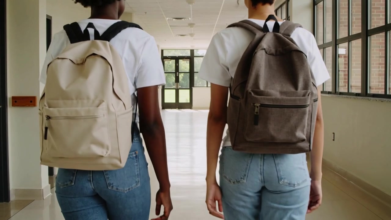 Walking two teenage female students carrying beige and brown backpacks down school corridor