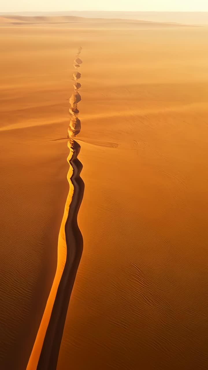 Vertical video: Drone moving forward over desert to reveal central sand ridge and rippled textures