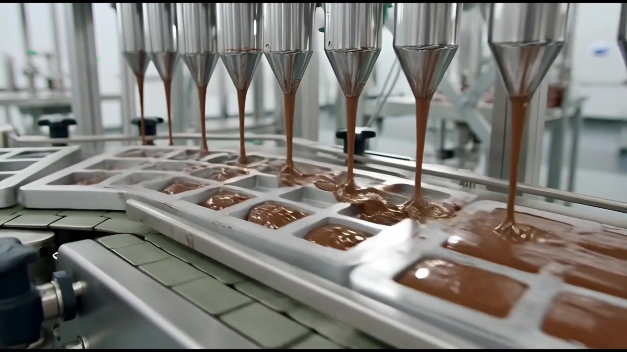 Liquid Chocolate Being Poured into Molds on Industrial Conveyor Belt