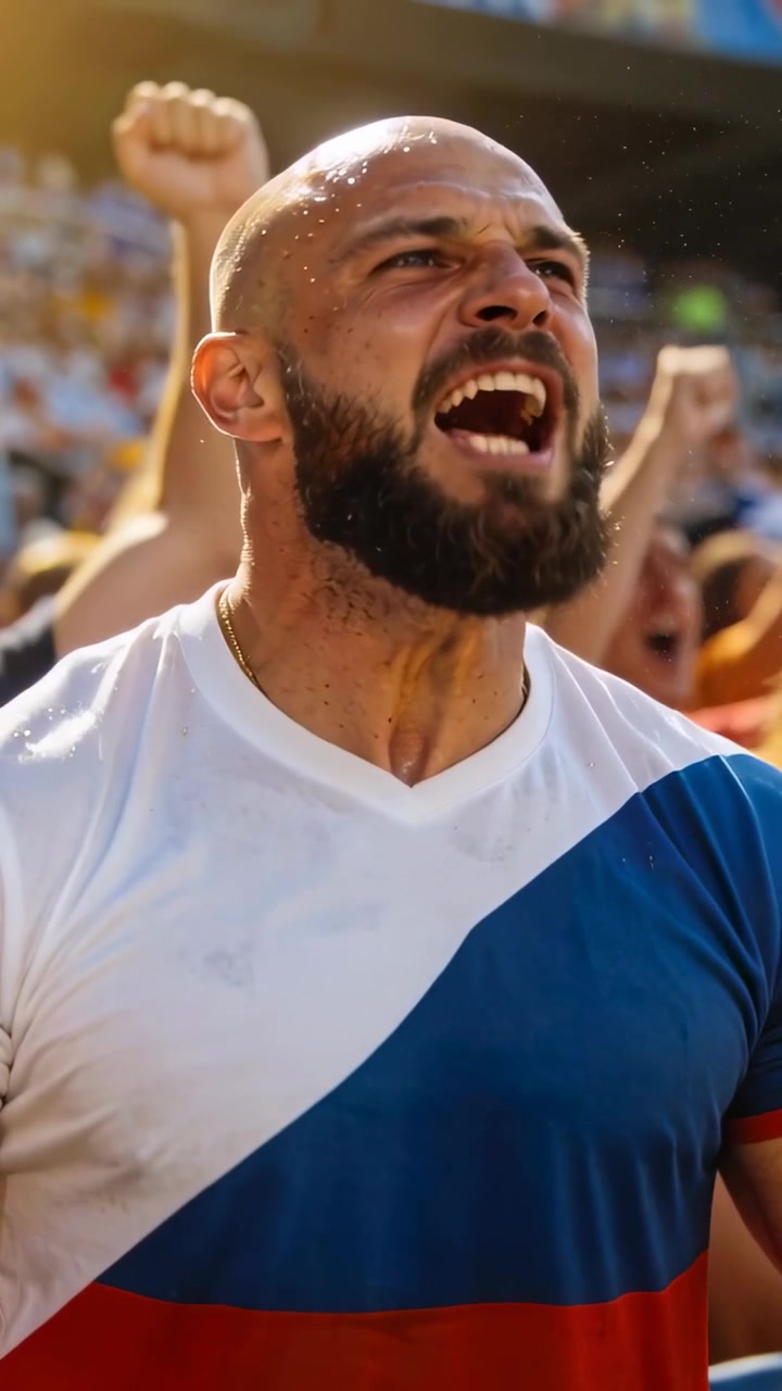Video vertical: Aficionado barbudo gritando reaccionando a una gran jugada, calmándose en las gradas con camiseta del equipo, sudando