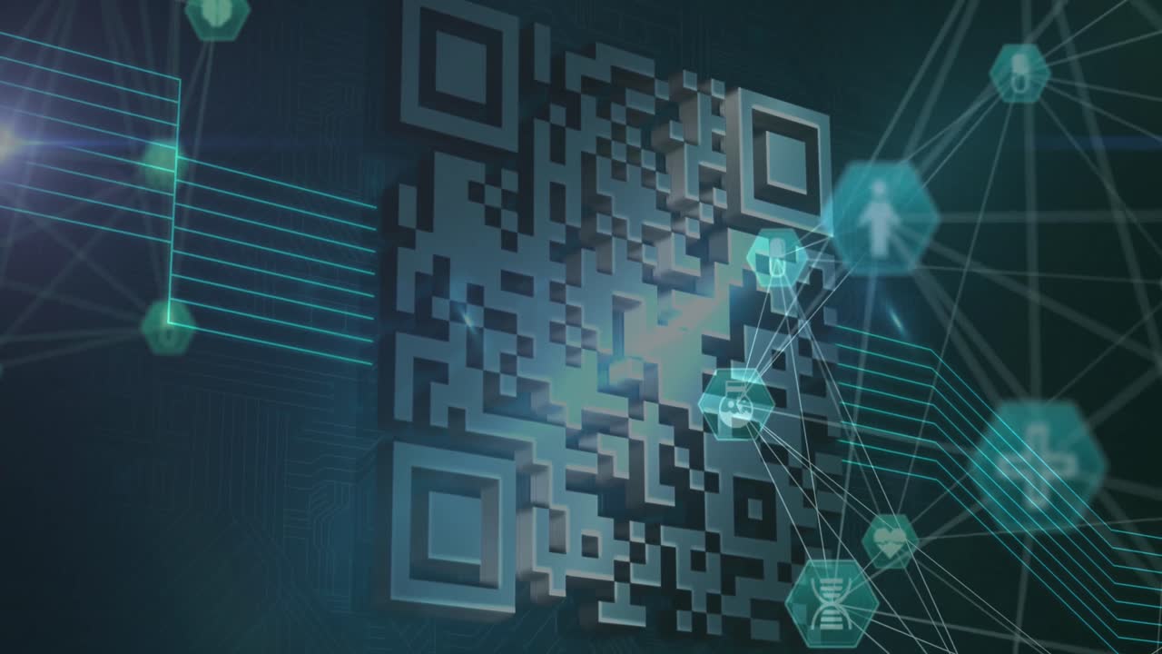 animación de la red de conexiones con iconos médicos que giran sobre el código qr