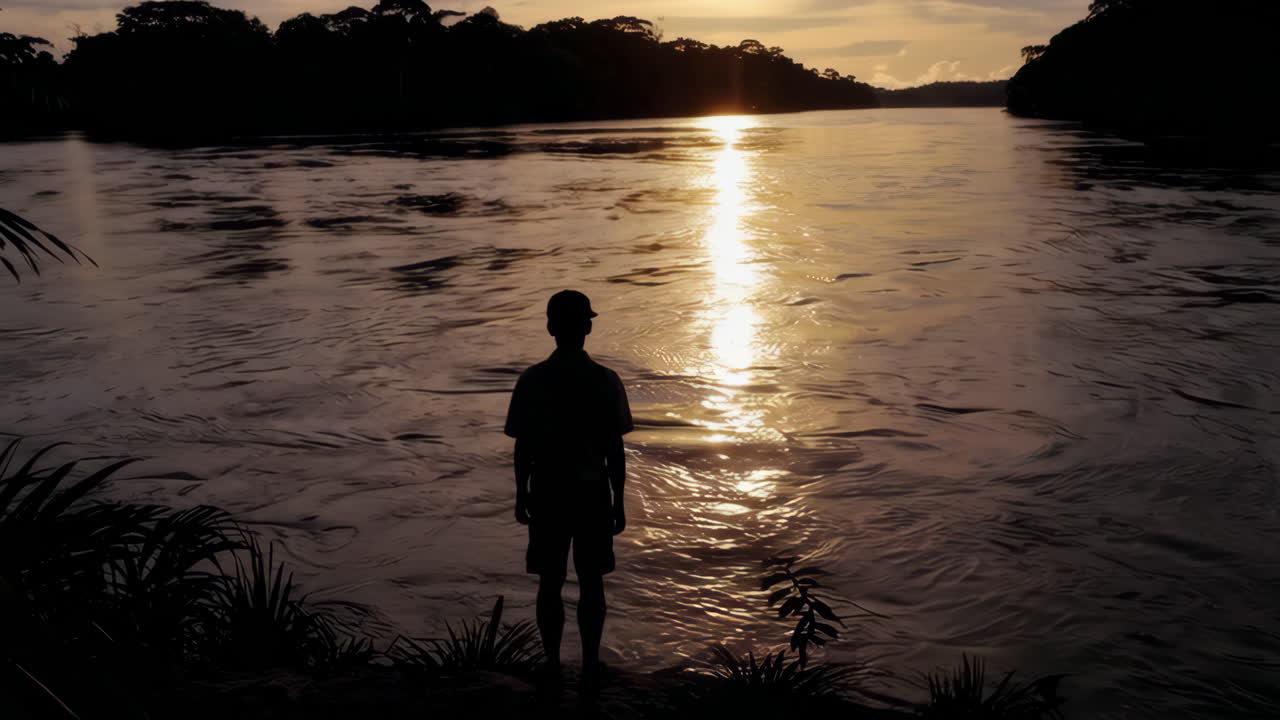 Silhouette of a person by the river at sunset