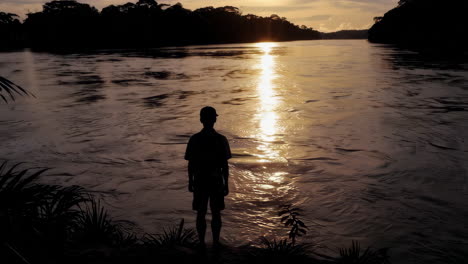 silhouette of a person by the river at sunset