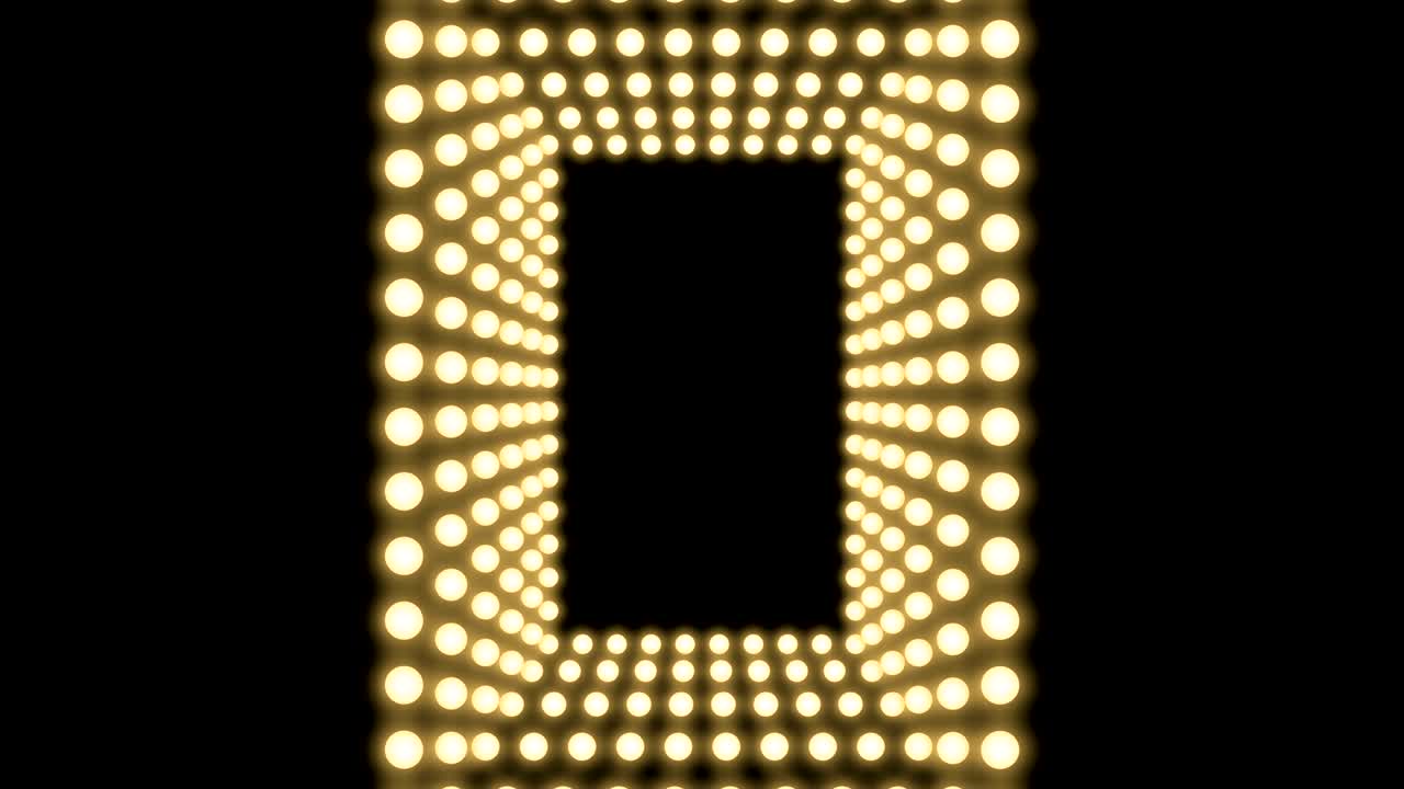 Tunnel Incandescent light bulb box frame rectangle shape swirl rotate moving pattern, retro 3D virtual style illustration glow in dark background seamless looping animation 4K, with copy space