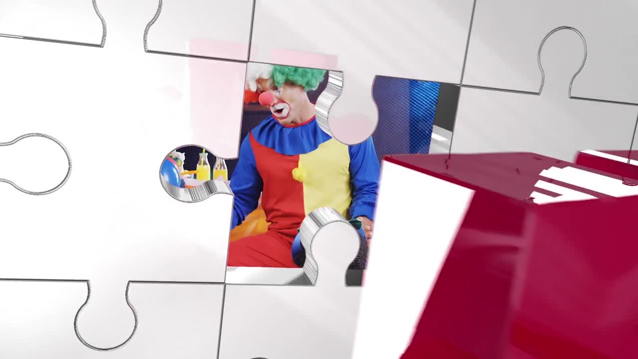 Animation of key unlocking jigsaw puzzle pieces over clown and children's party