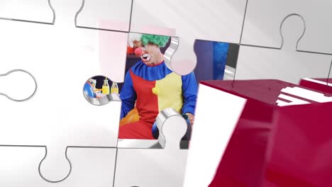 animación de piezas de rompecabezas de desbloqueo clave sobre el payaso y la fiesta de los niños