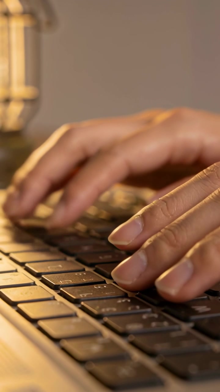 Vertical video: Typing adult hands settling, pressing keys at desk writing with laptop keys, lamp
