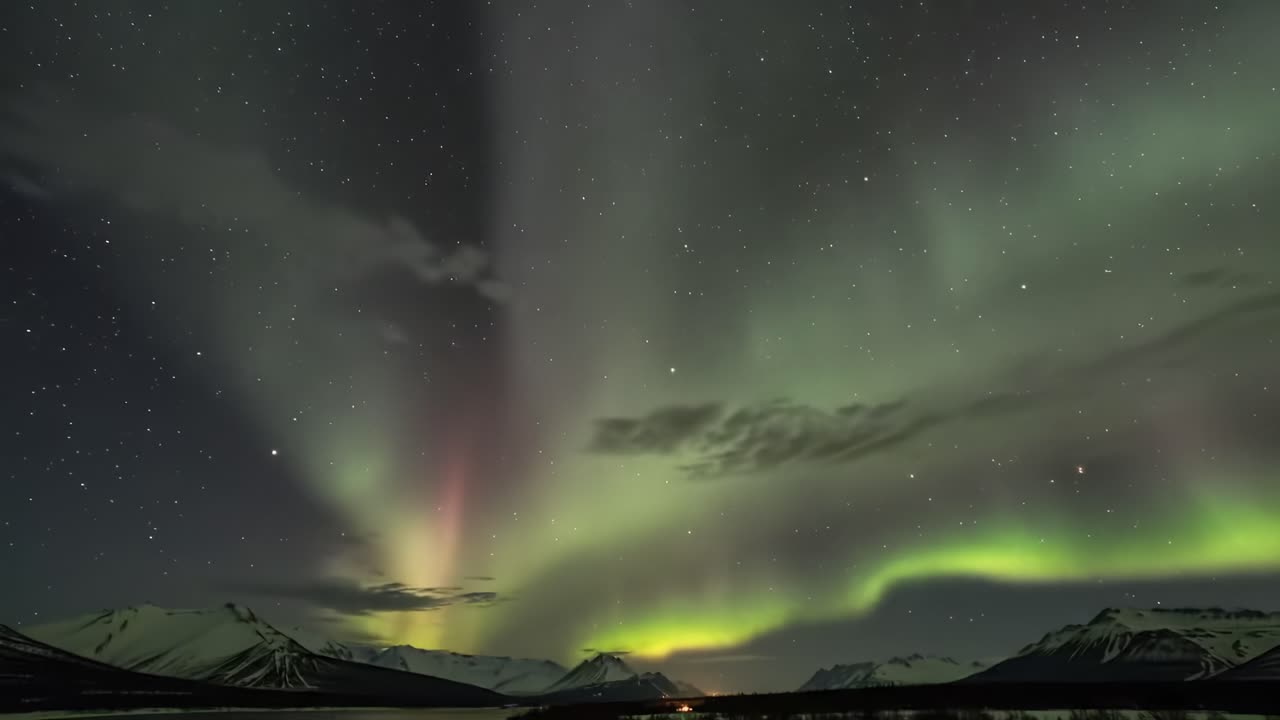Northern Lights Over Snowy Mountains