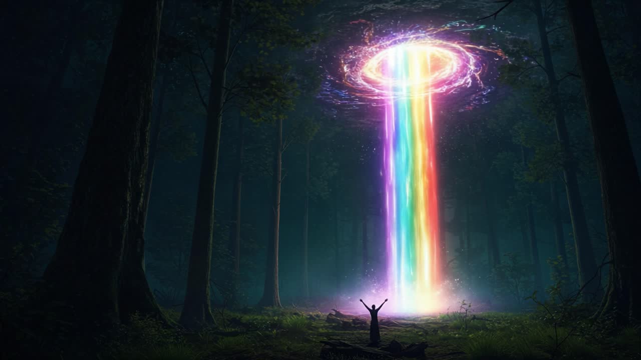 A Surreal Encounter in the Enchanted Forest: A Beam of Colorful Light Emanates from a Whirling Portal, Capturing the Joyful Spirit of Exploration and Imagination